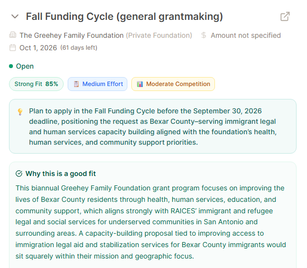 Engrant grant card showing fit analysis, eligibility, and red flags before you visit a funder site