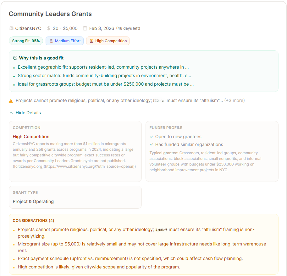 Engrant grant matching interface - expanded view